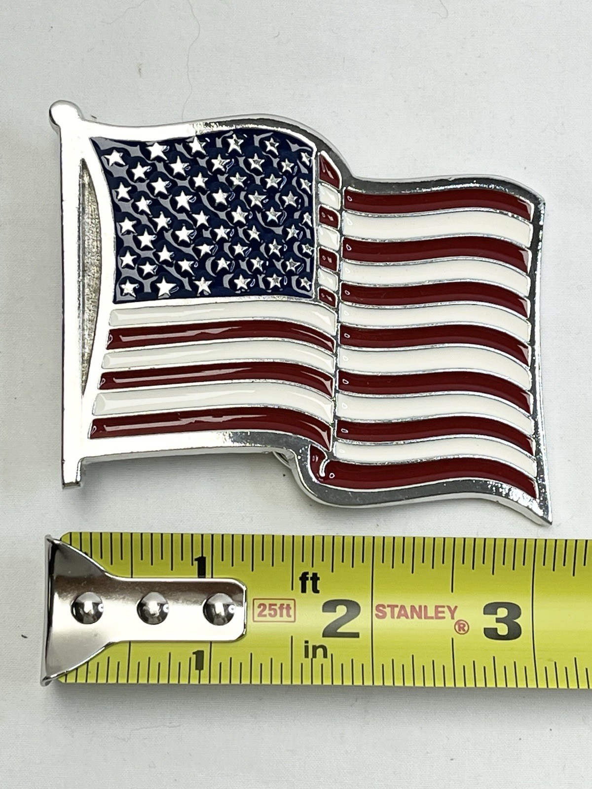 Metal Belt Buckle American Flag Waving Stamped #2155 Patriotic 2.5&Prime; x 3&Prime; Silver