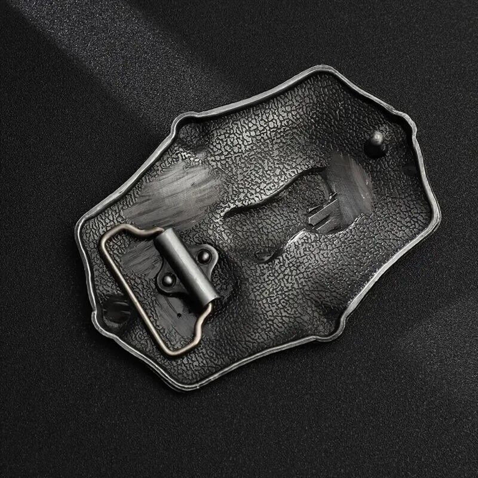 V-Twin Motorcycle & Skulls Belt Buckle •Red White Blue Enameled American Flag