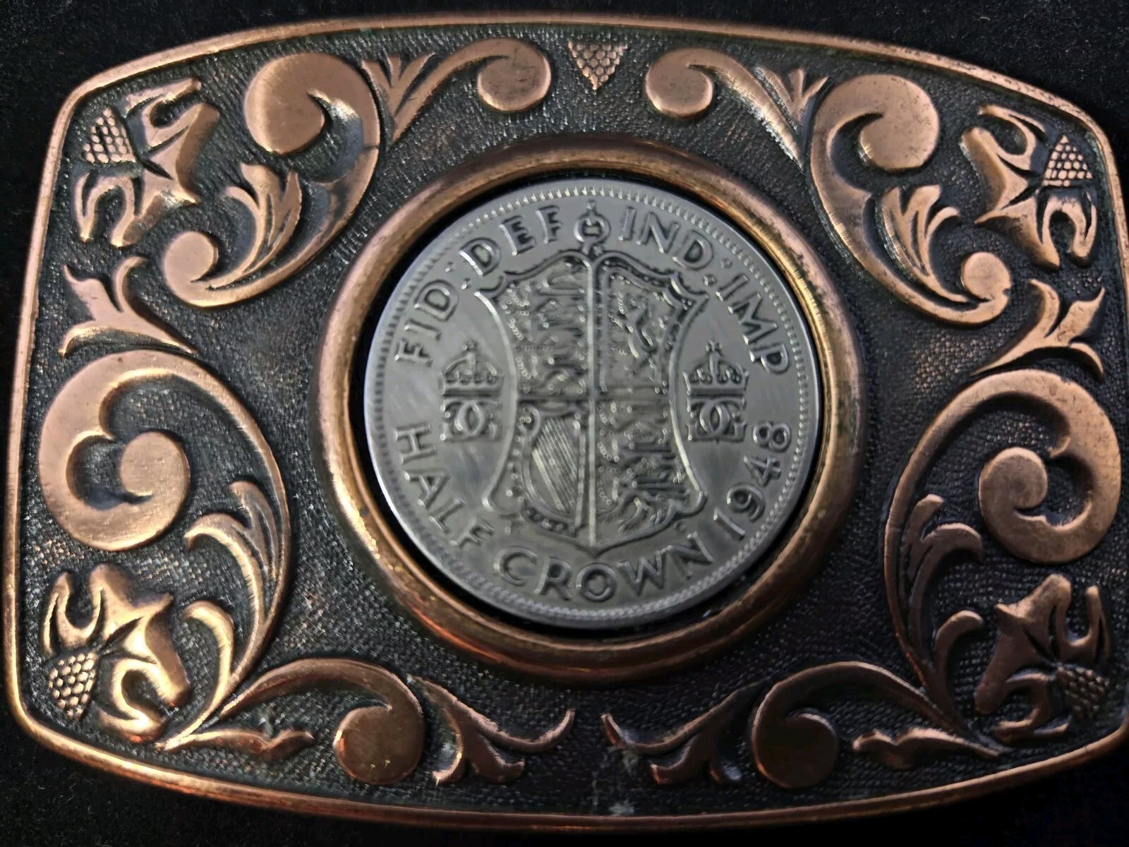Vintage Collectible Copper-Color Belt Buckle – UK Half Crown 1948 Coin Insert