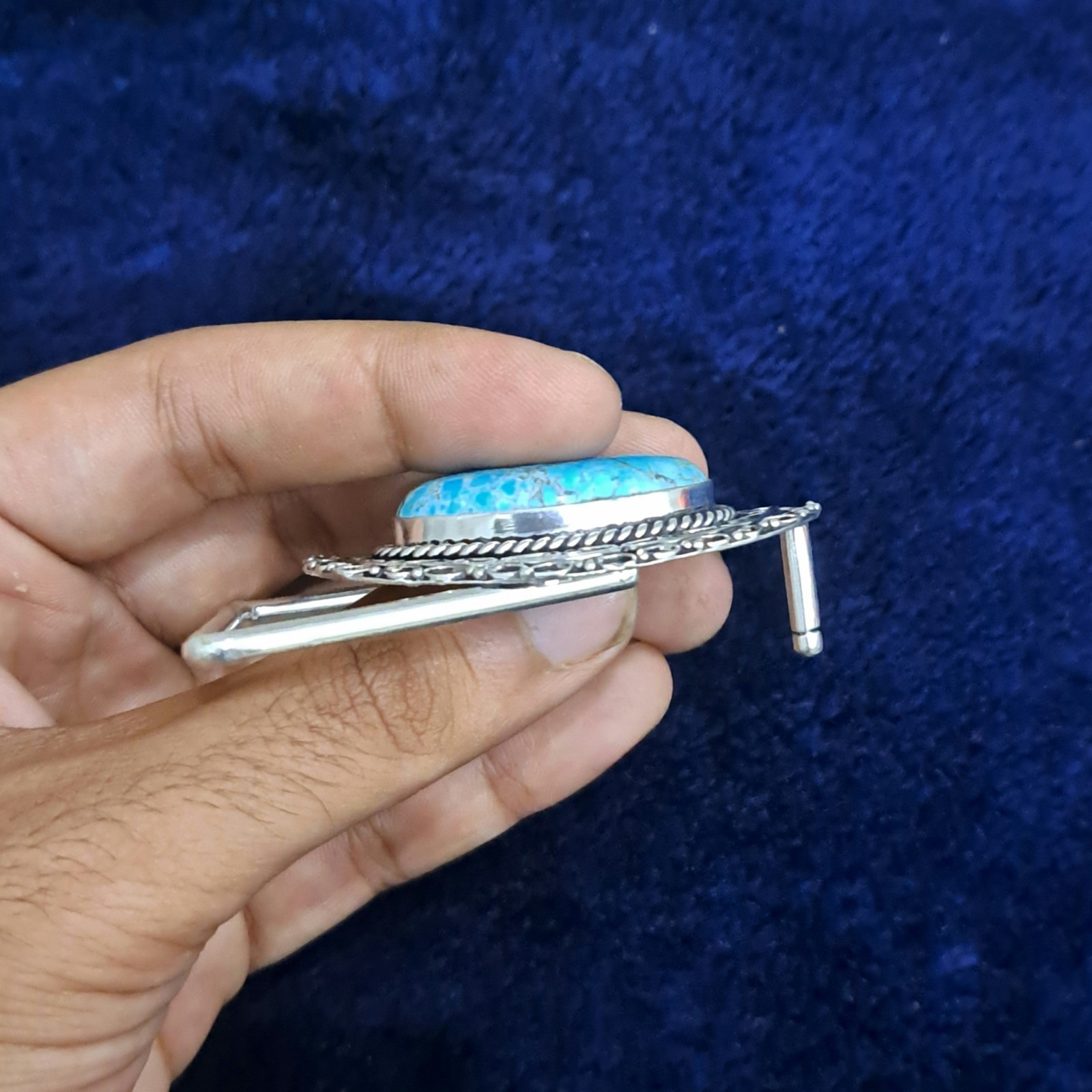 Natural Turquoise Silver Plated Belt Buckle Handmade Blue Gemstone Western Boho