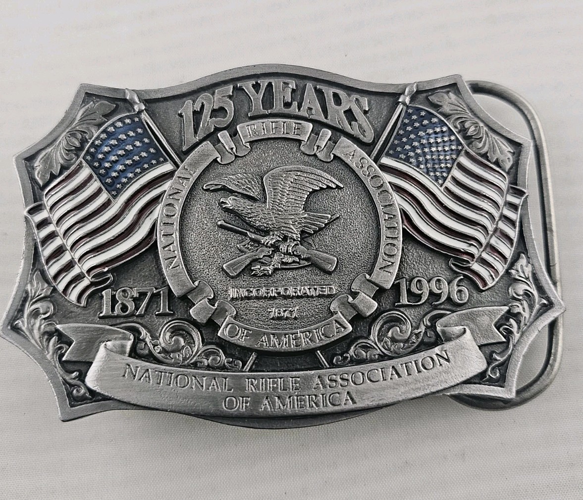 Vintage 1996 NRA National Rifle Association America 125 Years Belt Buckle Pewter