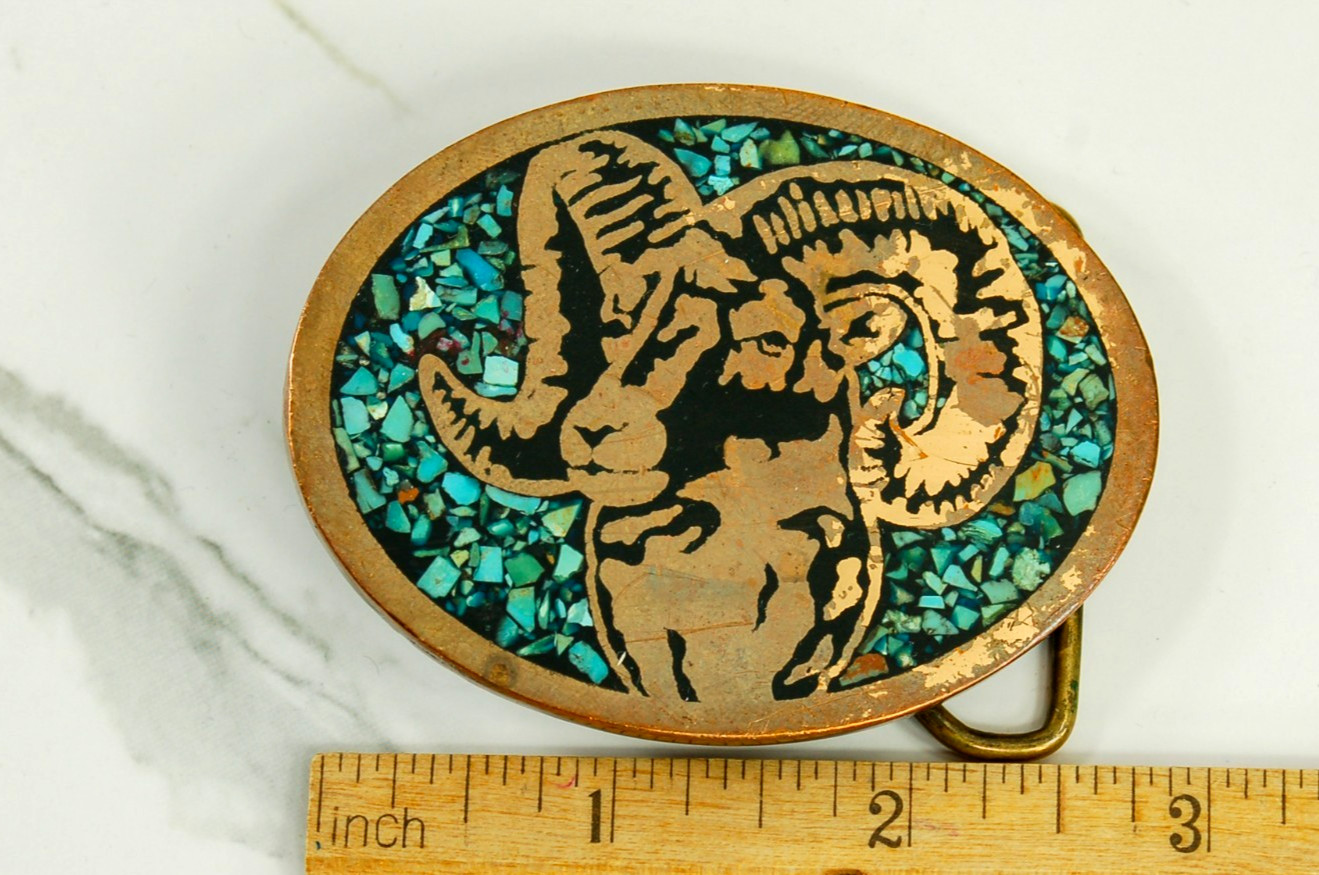 Bighorn Ram brass western belt buckle turquoise inlay vintage Harmony Metal