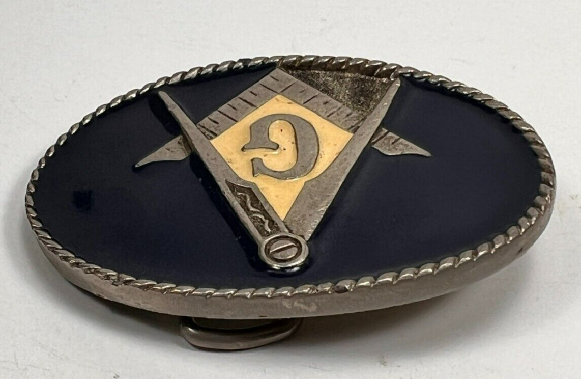 Masonic Freemason Belt Buckle Blue and Cream Enamel Rope Border
