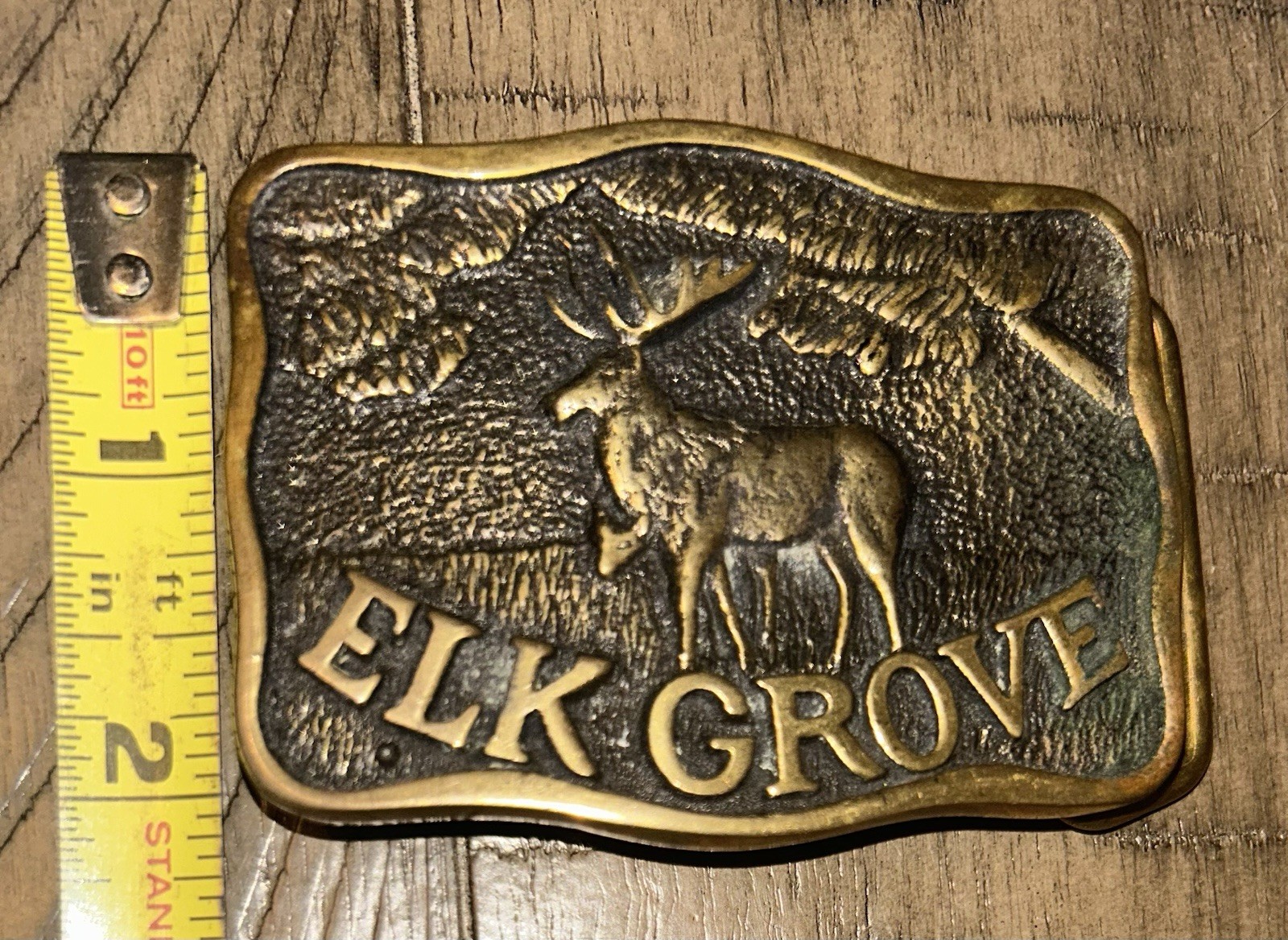 “Elk Grove” Collectors Vintage Brass Belt Buckle by D. Stewart & Co, Ione Ca