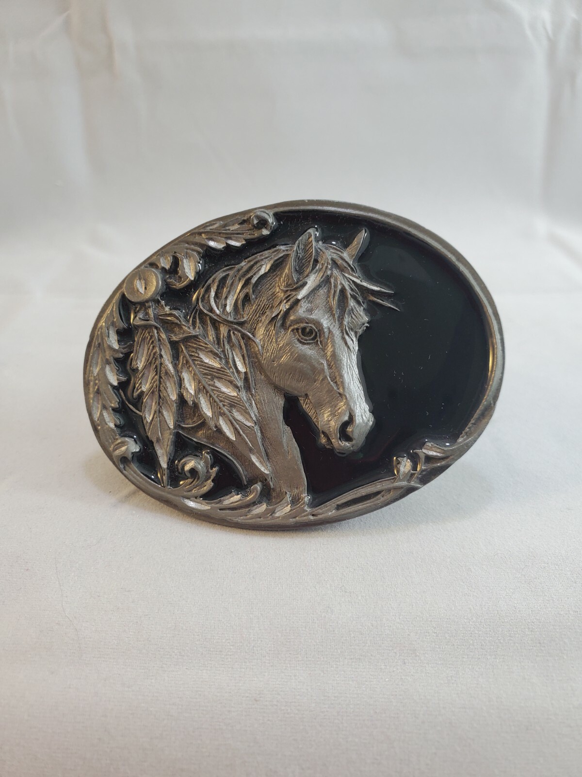 Black Enameled Diamond Cut Pewter Horse Buckle