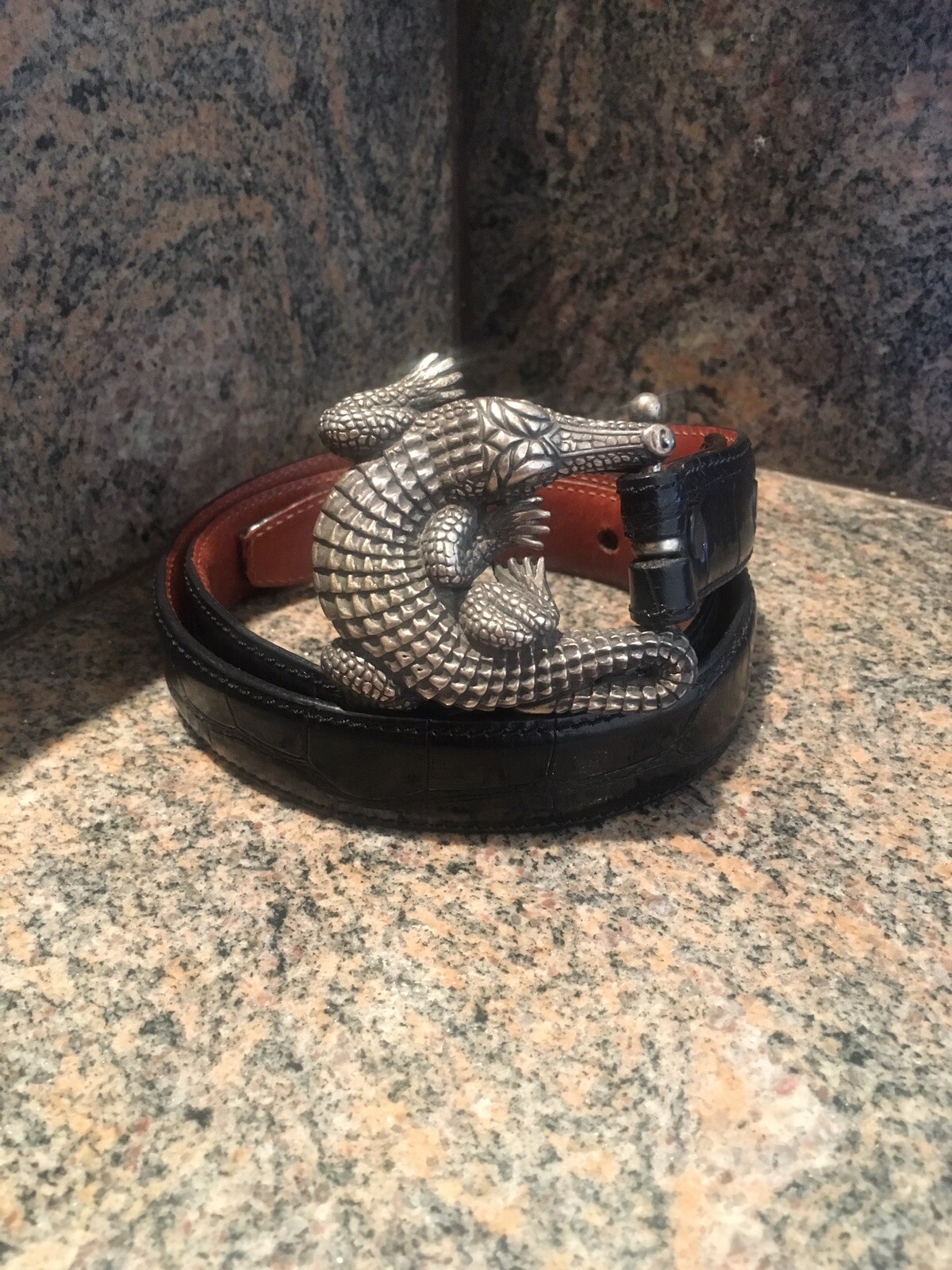 Kieselstein-Cord Sterling Alligator Buckle With Black Alligator Belt Size 2
