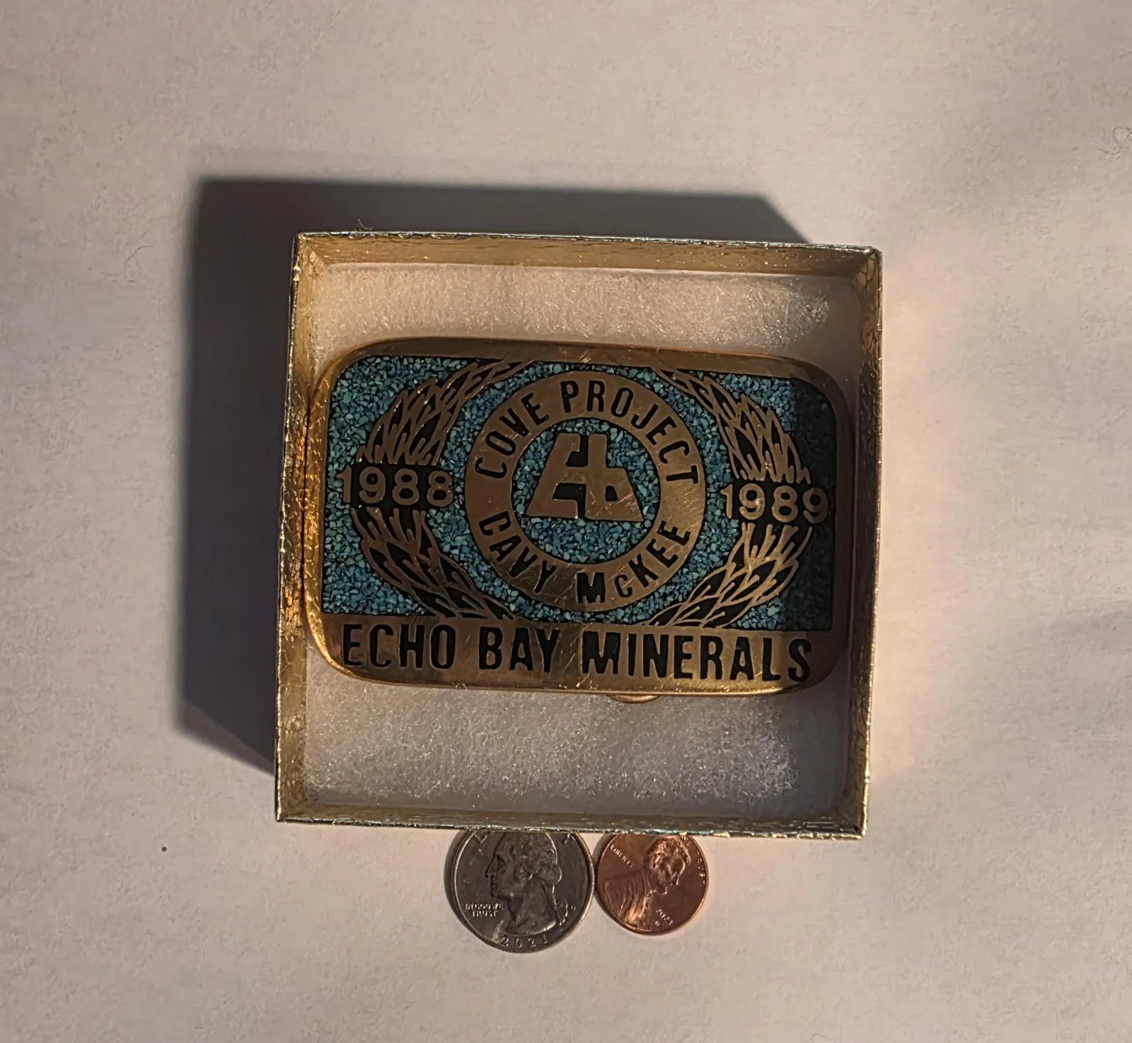 Vintage 1989 Metal Belt Buckle, Solid Brass, Blue Crushed Turquoise Stones, Cove