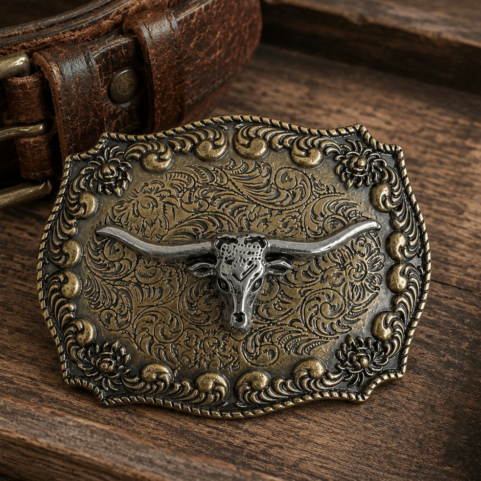 Western Steer Head Belt Buckle Antique Brass Silver Tone