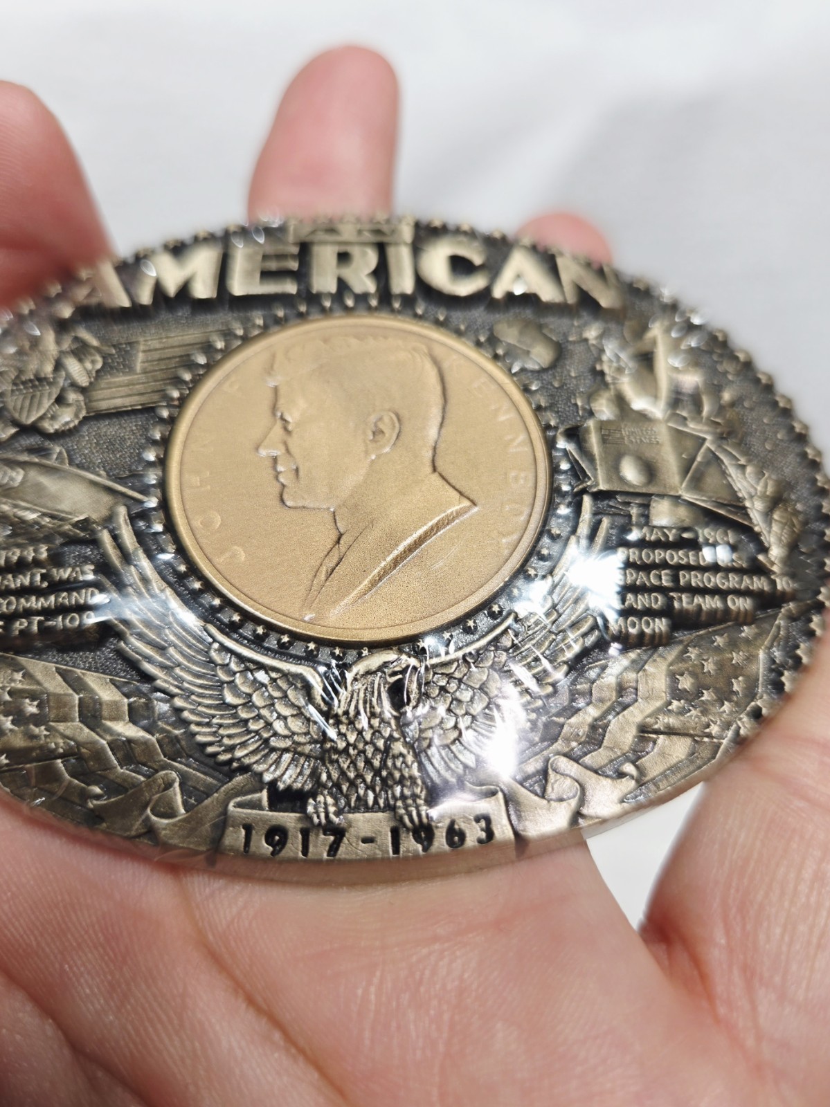 Rainy Mountain An American JFK Bronze Medal Solid Brass Belt Buckle COA Box NOS