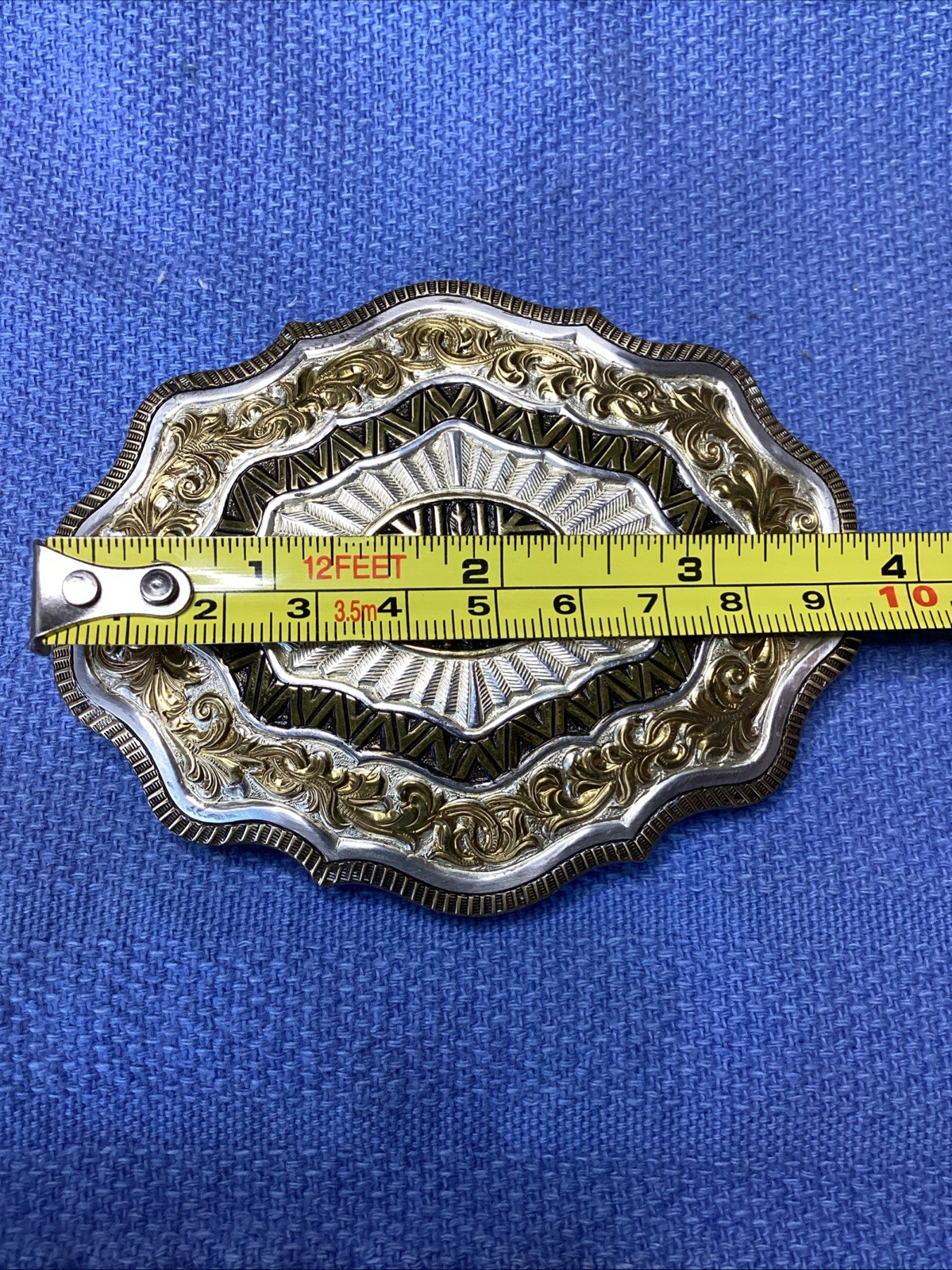 Vintage CRUMRINE Large Belt Buckle Heavy Silver Plate On Bronze Made in USA