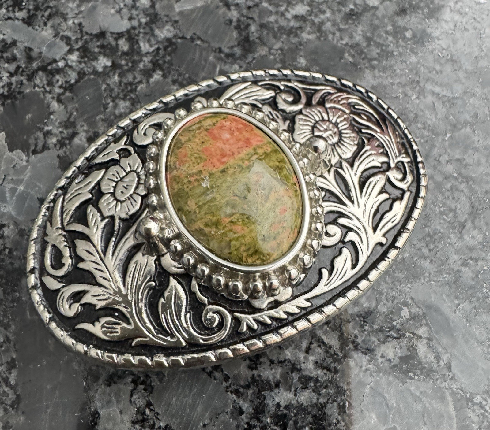 Vintage Western Floral Oval Belt Buckle Silver Tone w/ Jasper Agate Stone