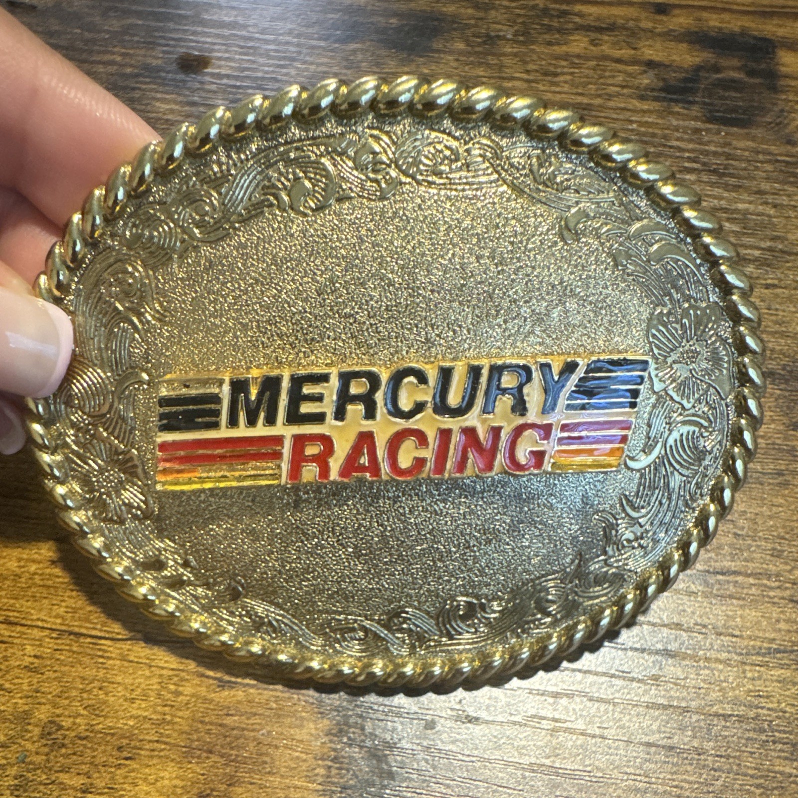Mercury Racing Gold Tone Metal Oval Plate Belt Buckle Embossed Logo Vintage