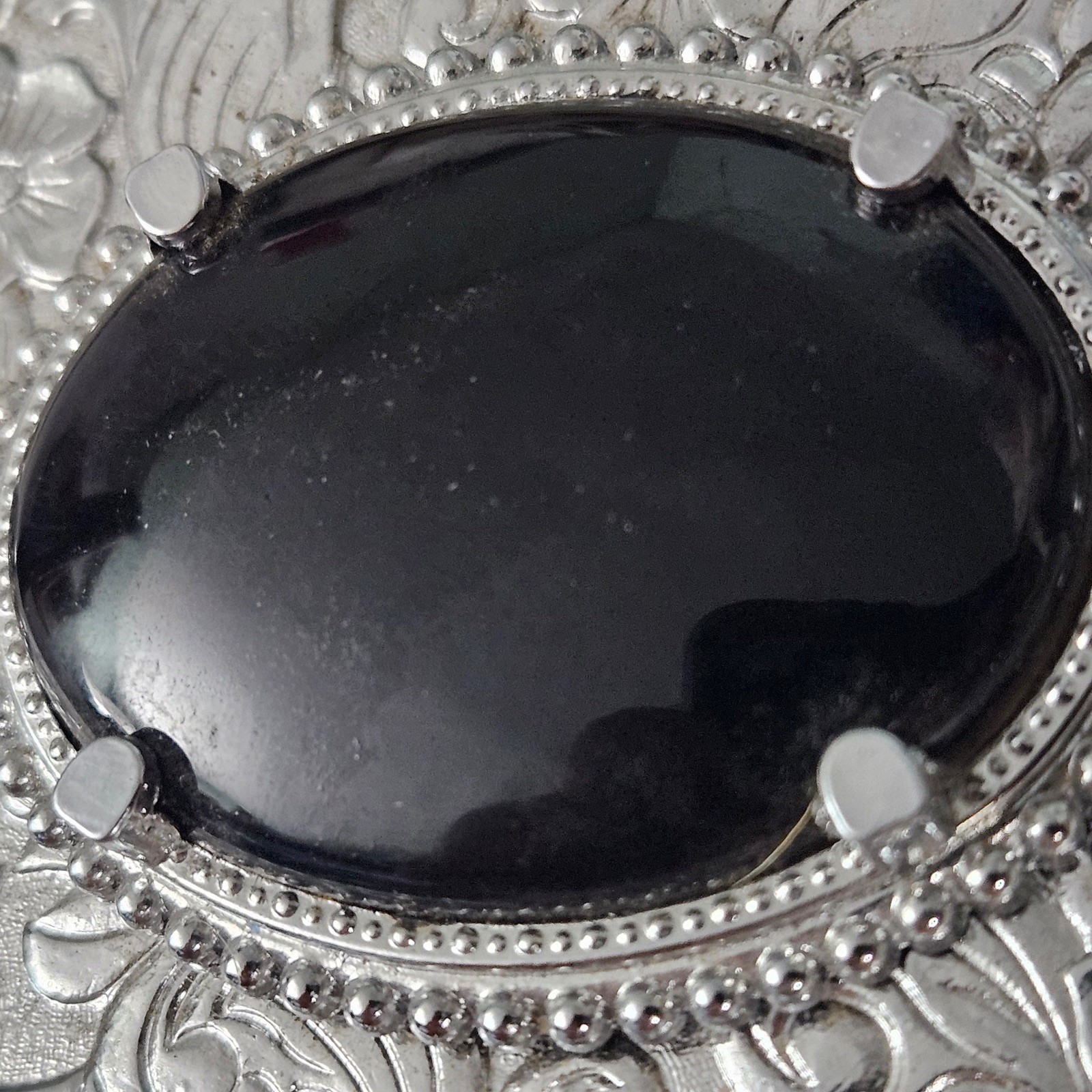 AWESOME Ornate Vintage Silver Buckle with Black Onyx Gem Floral Engraved Retro