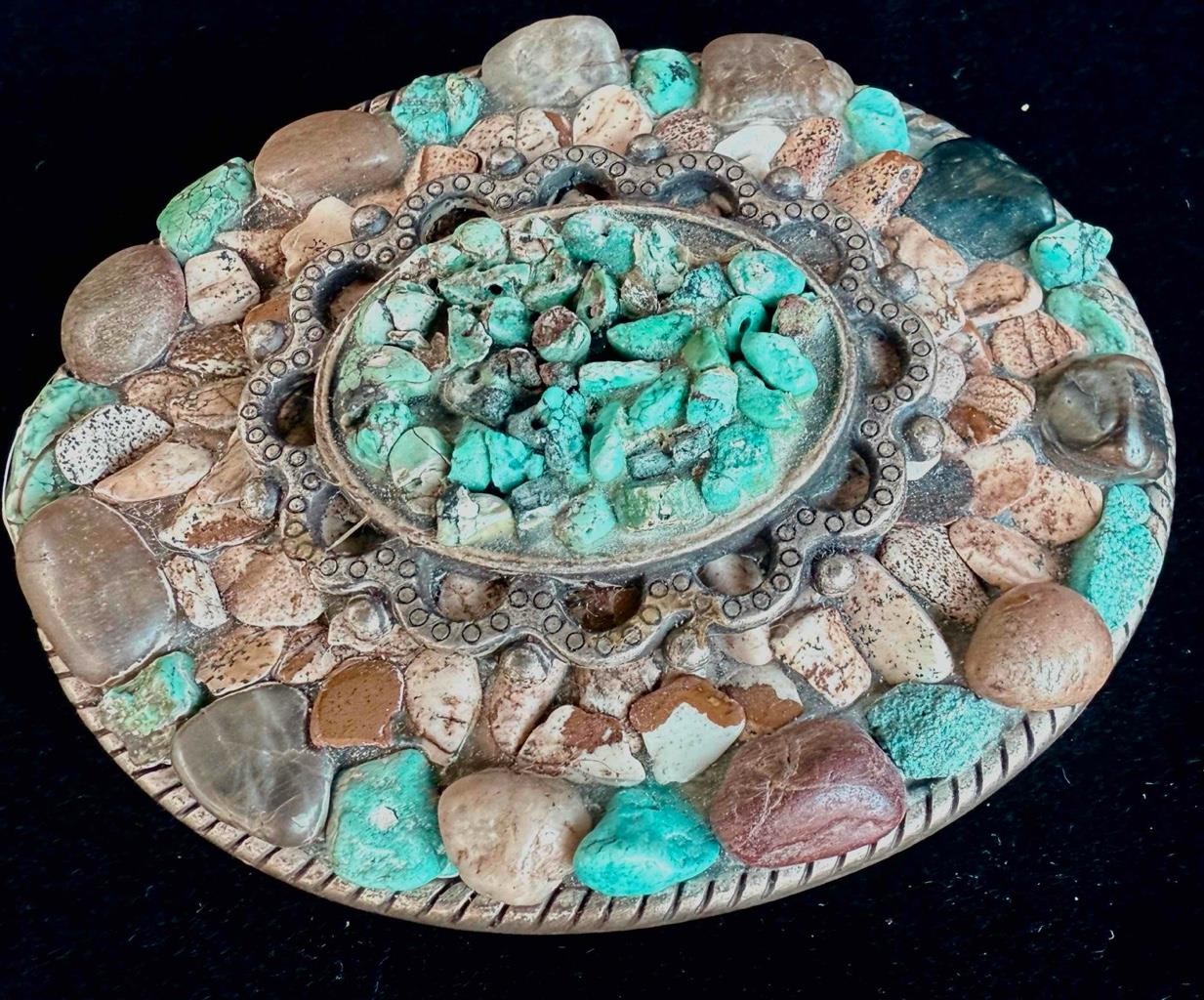 Chunky Turquoise & Stone Belt Buckle Twisted Rope Edge Marked: E – Made In Spain