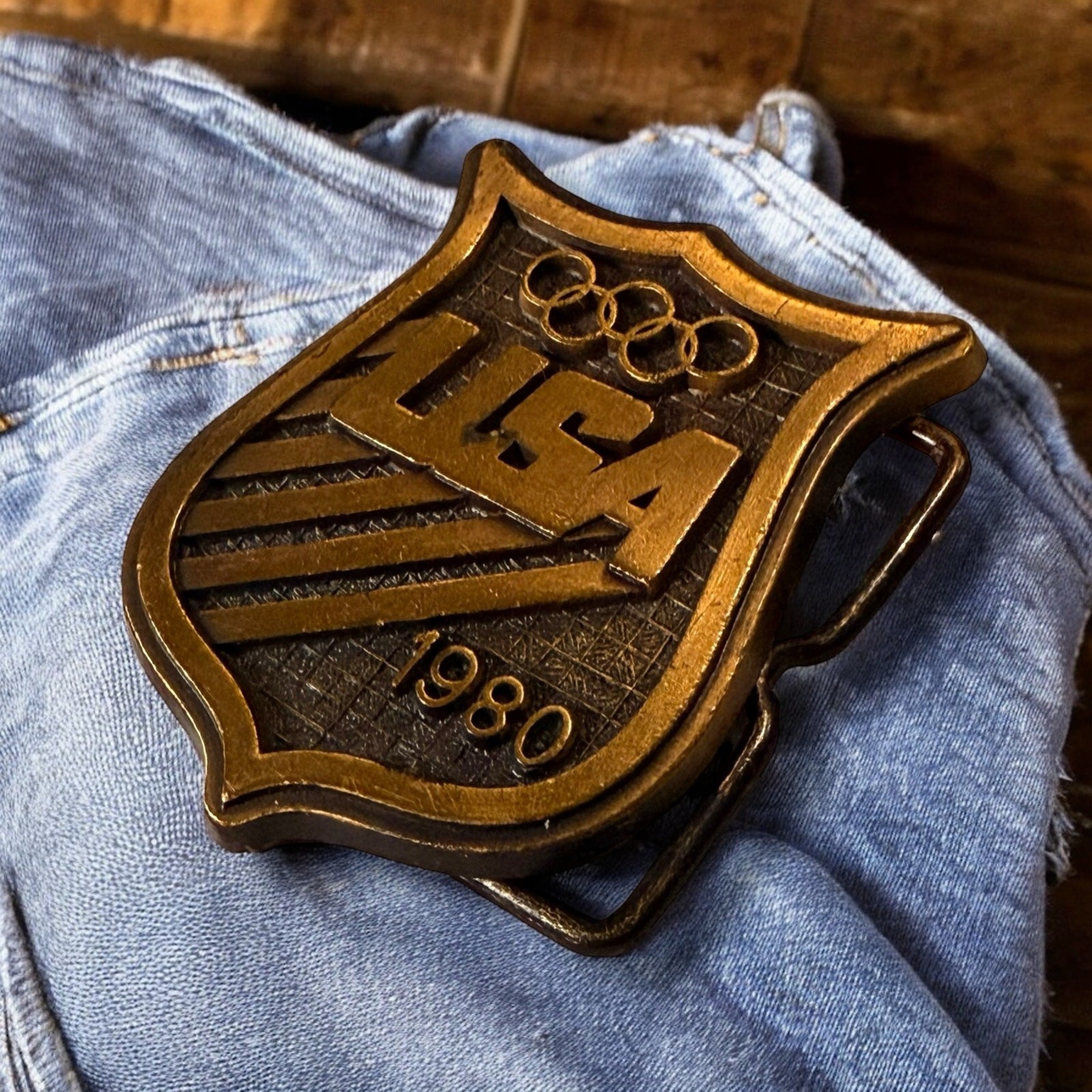 Vintage 1980 Olympic Committee Belt Buckle Bronze Relief