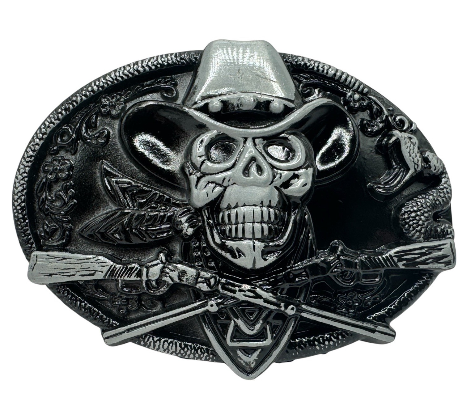 Dead Cowboy Belt Buckle Skull Crossed Guns Rattlesnake Motif Western Style