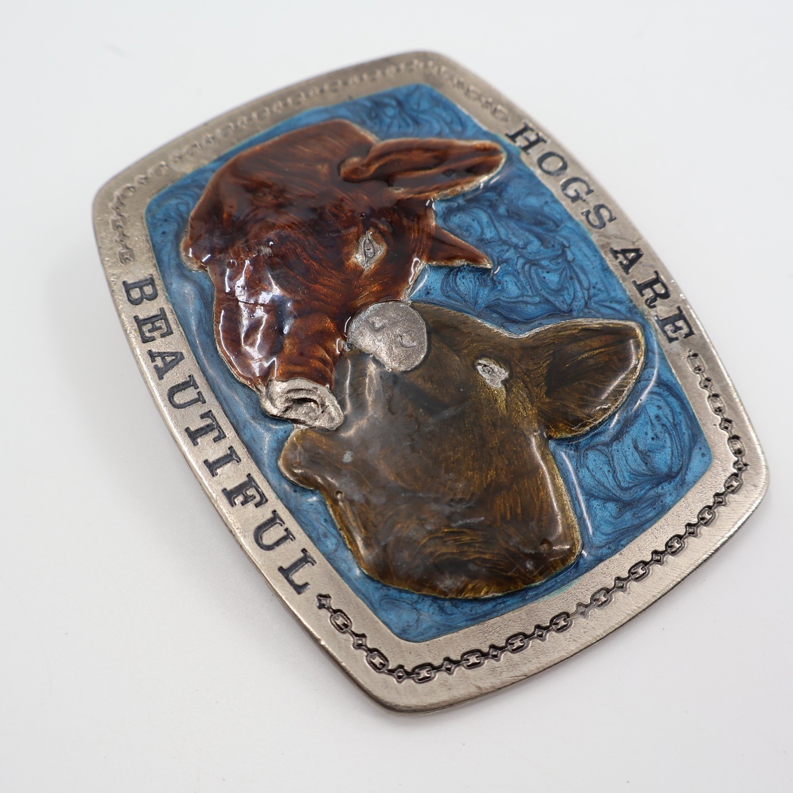 The Great American Buckle Co Pig Belt Buckle OS Blue Hogs Are Beautiful 1979