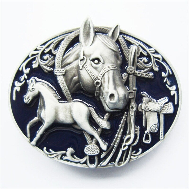 Antique Silver Enamel Horses Rodeo Western Belt Buckle also Stock in the US
