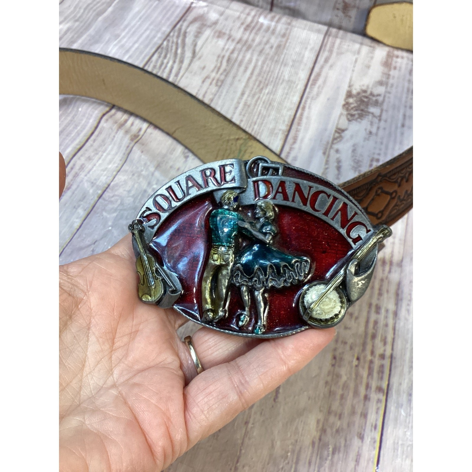 Vintage 1983 Siskiyou Square Dancing Belt Buckle with Tooled Leather Belt Brown