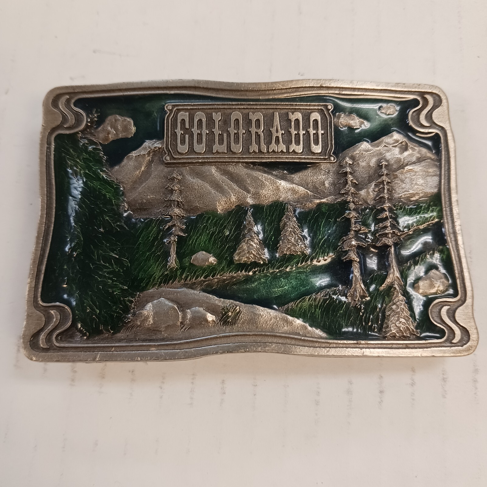 VINTAGE 1976  » COLORADO  » BERGAMOT Brass Works Enamel DIX Leather BELT BUCKLE