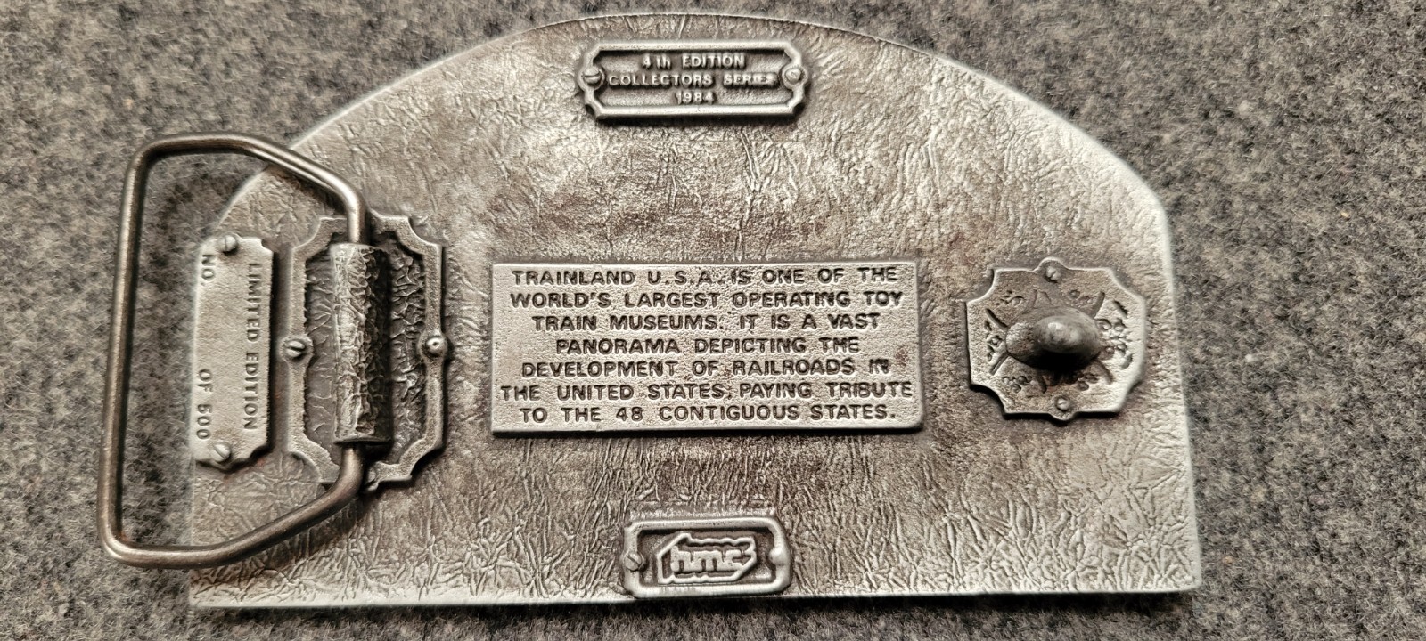 Trainland U.S.A Colfax, Iowa 1984 Pewter Belt Buckle. 4&Prime; x 2.5&Prime;