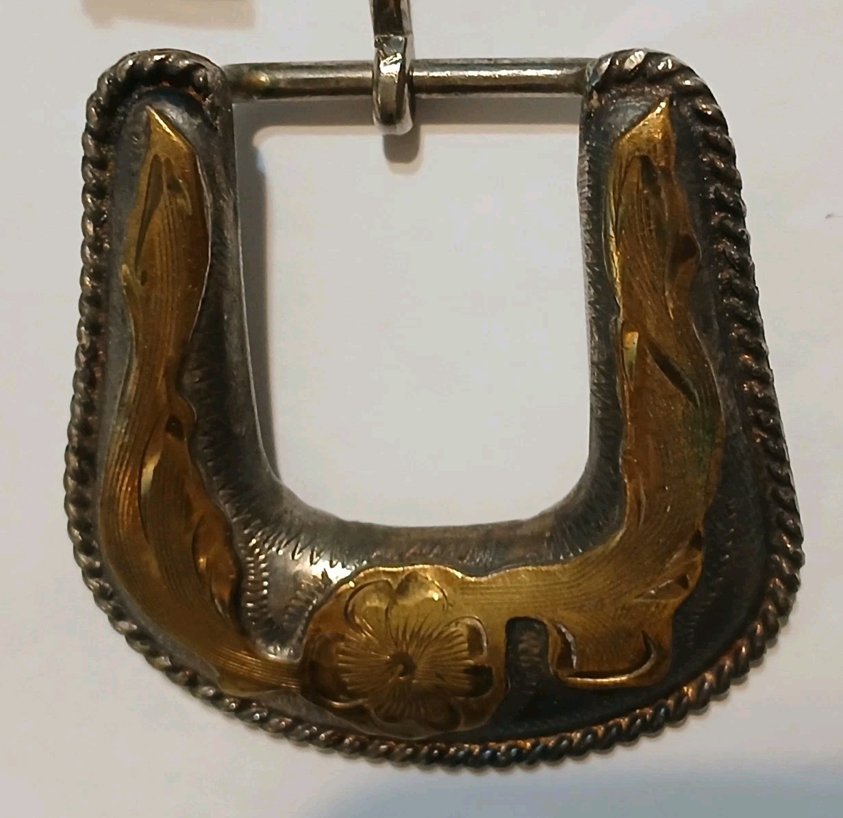 Vtg Alpaca Mexico Western Belt Buckle Keeper Set Floral Mixed Metal 1&Prime; Bar