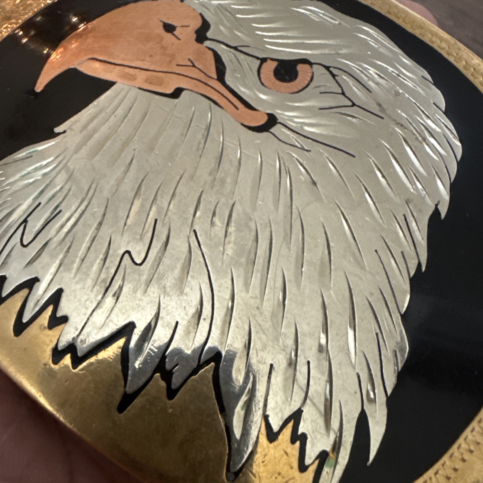 Vintage German Silver Belt Buckle Bald Eagle Head Gold Silver & Copper Tone