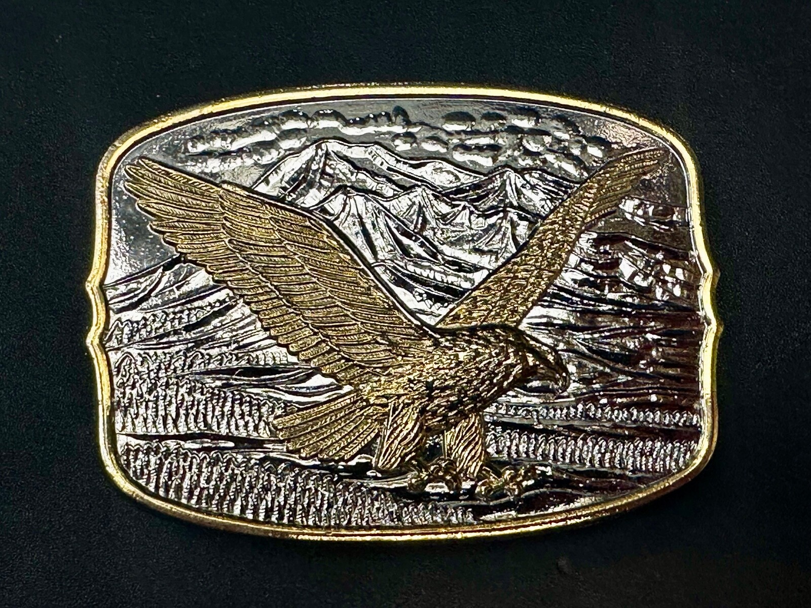 Vintage Soaring Patriotic USA Eagle Hawk w/ Mountains Belt Buckle 3.5” x 2.5”