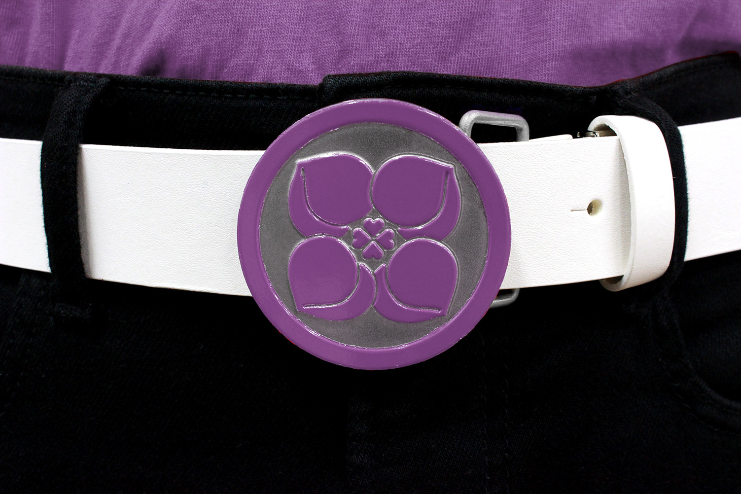 Purple Silver Buckle Peach Four Leaf Clover White Leather Belt Japan Unisex New