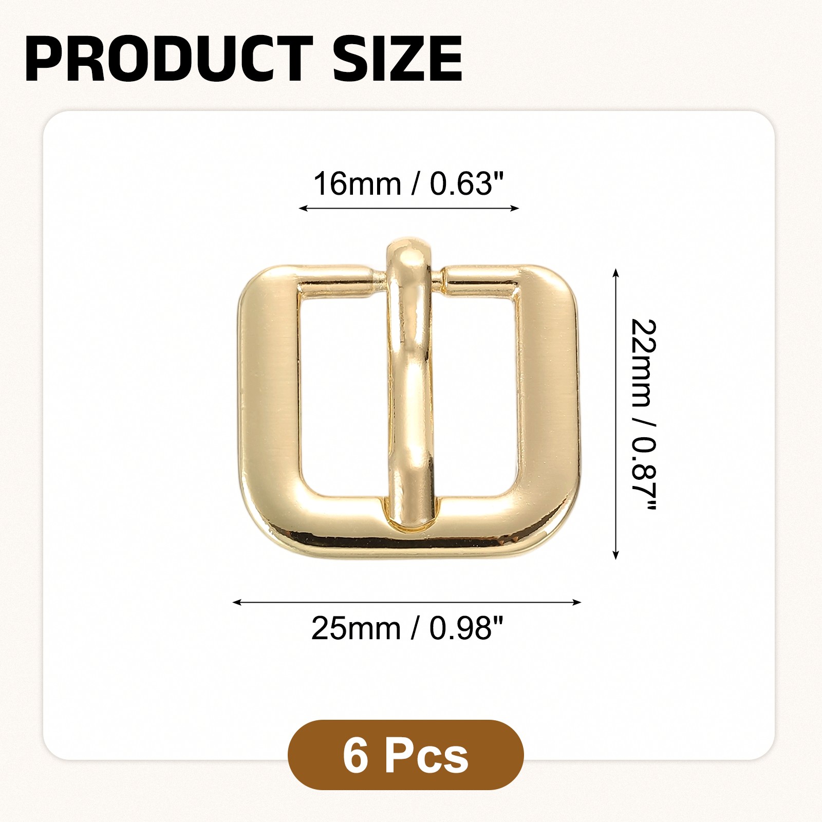 Metal Roller Buckle, 6Pcs 0.63&Prime; Square Single Prong Belt Buckle, Light Gold