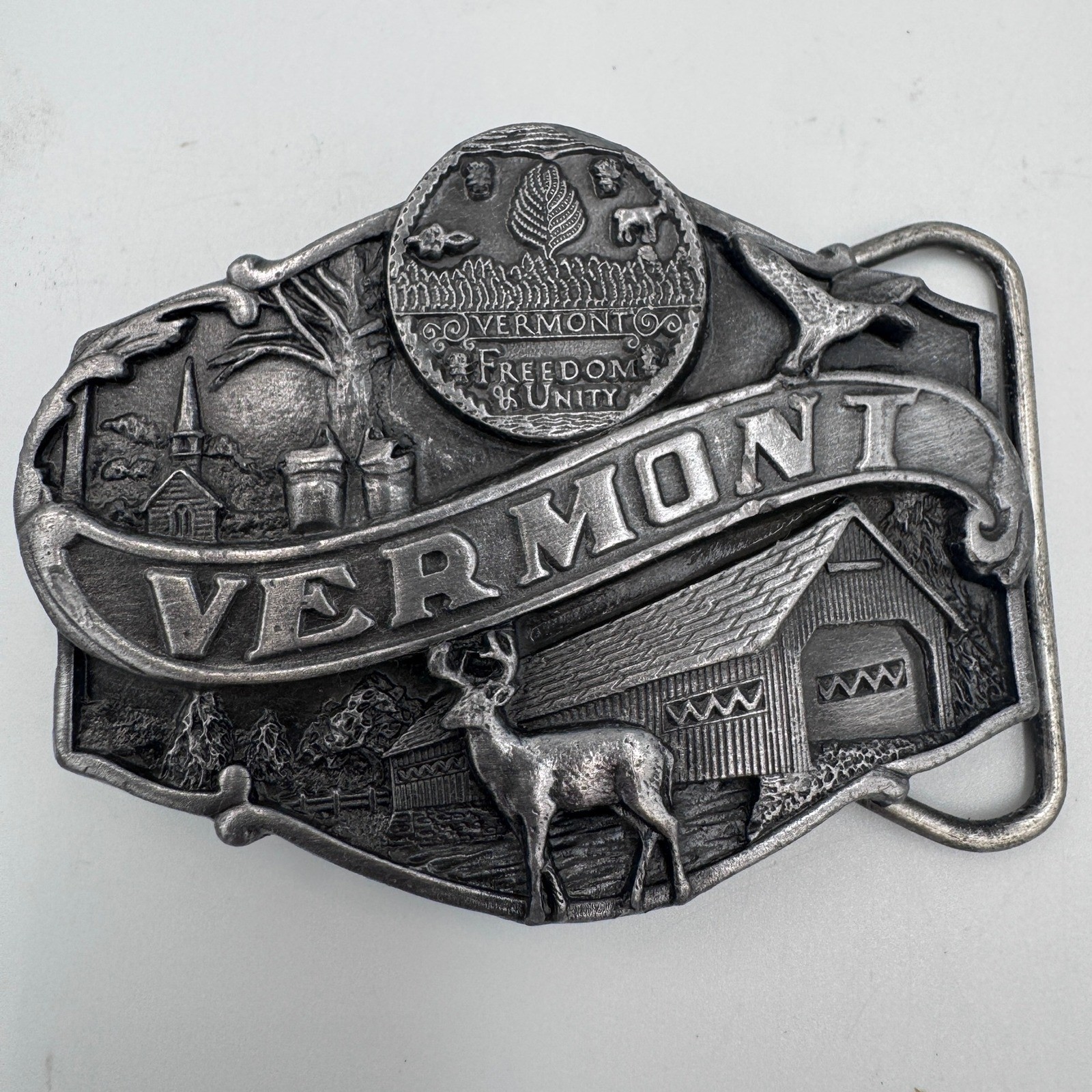Vintage 1986 Siskiyou Vermont State Belt Buckle T-55 Freedom & Unity Made in USA