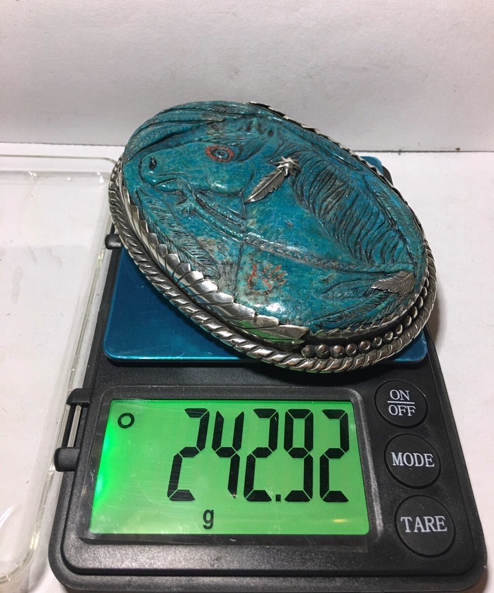 American Vintage Horse Design Sterling Silver Turquoise Coral Belt Buckle