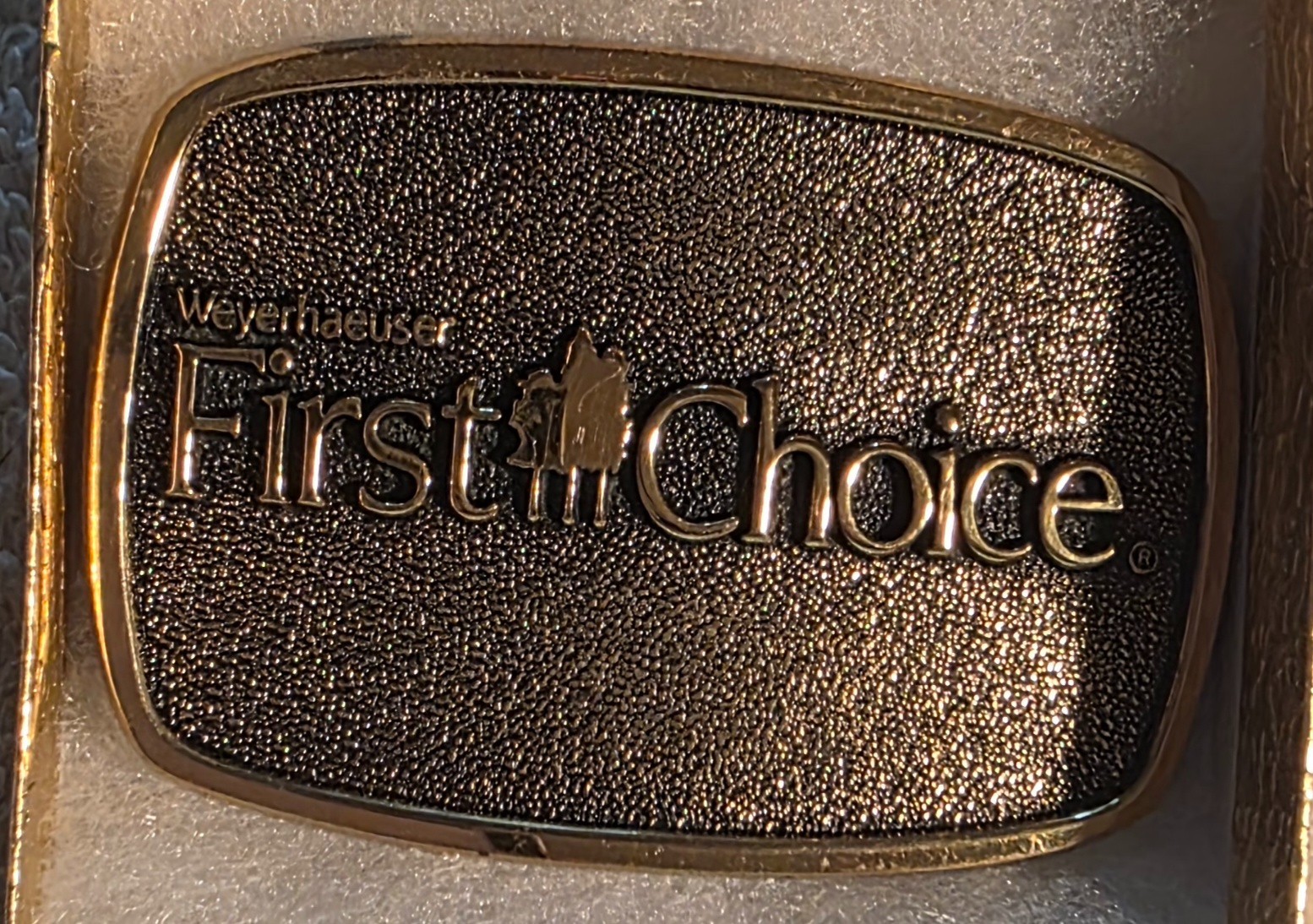 Vintage 1983 Metal Belt Buckle, Brass, Weyerhaeuser, First Choice, Lumber, Nice