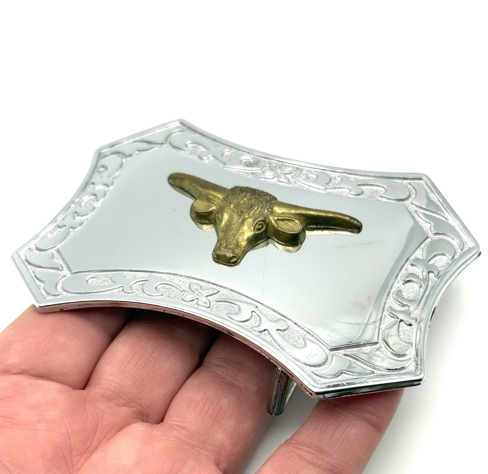 Long Horn Steer Silver Plated Belt Buckle Western ** Light Wear