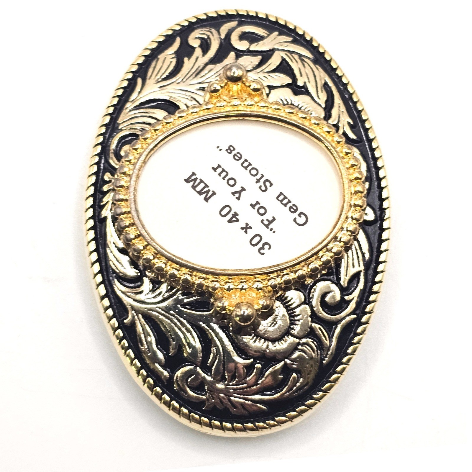 Western Floral Belt Buckle Gold Black Oval 30x40mm Gemstone Setting Made in USA