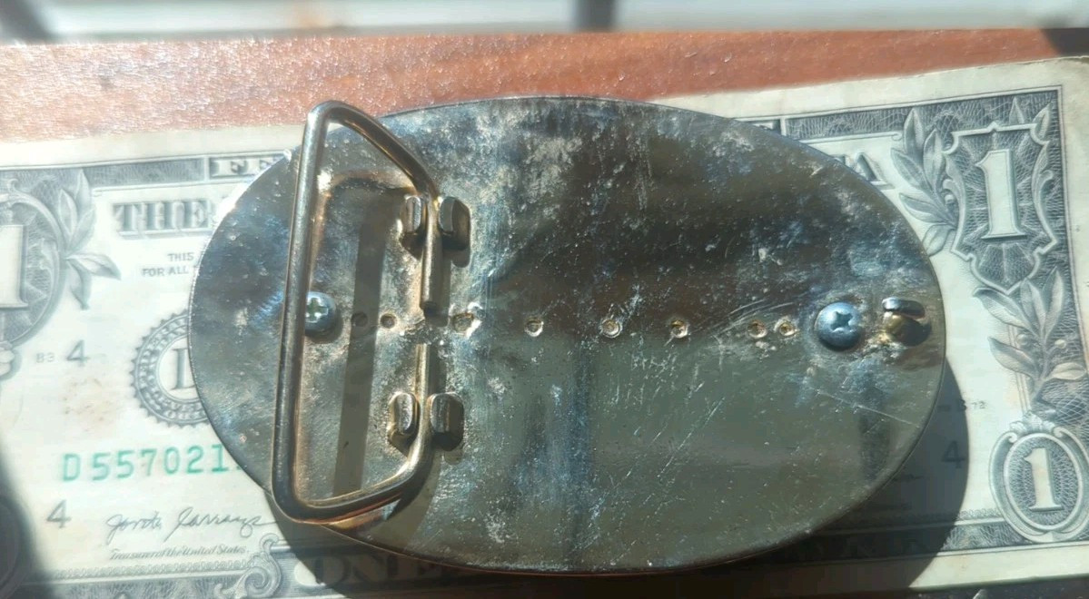 vintage oval belt buckle floral scroll w polished stone center