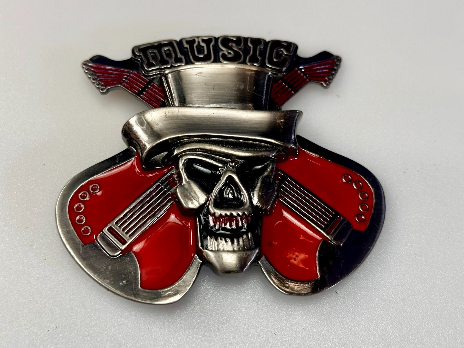 MUSIC Skull in Fedora Hat Crossed Electric Guitars Musician Rockstar Belt Buckle