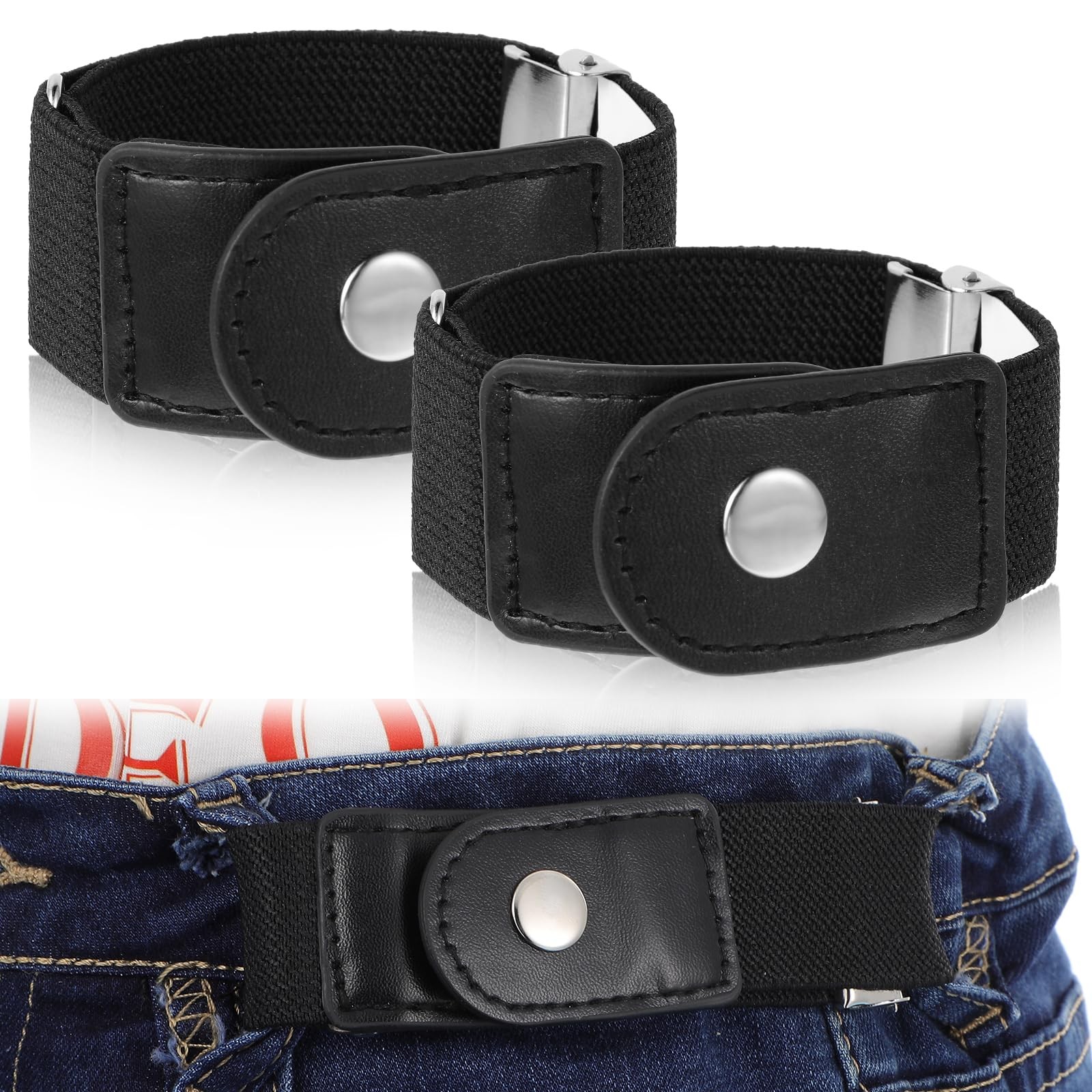 Ptwola 2 Pcs Men Side Belts No Buckle Elastic Belt Without One Size, Black