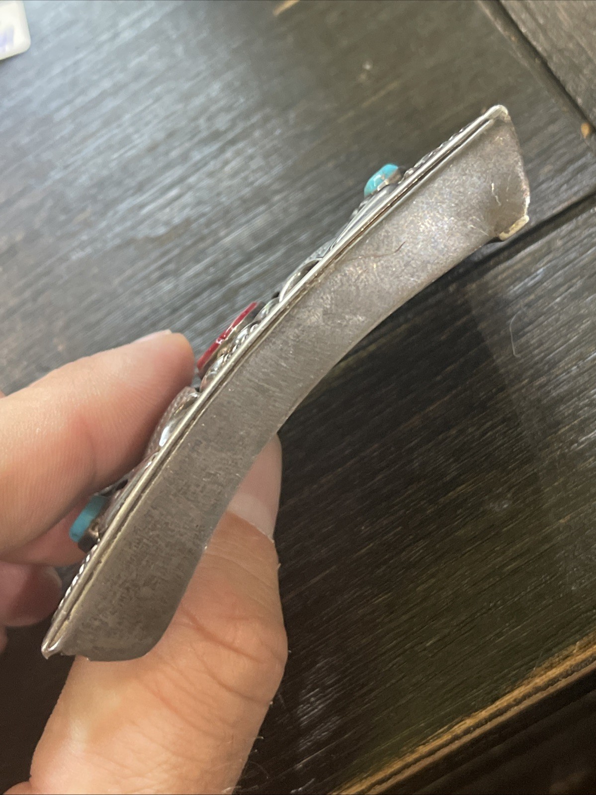 Vintage Native American Mexico Silver Turquoise & Coral Belt Buckle – 56 G