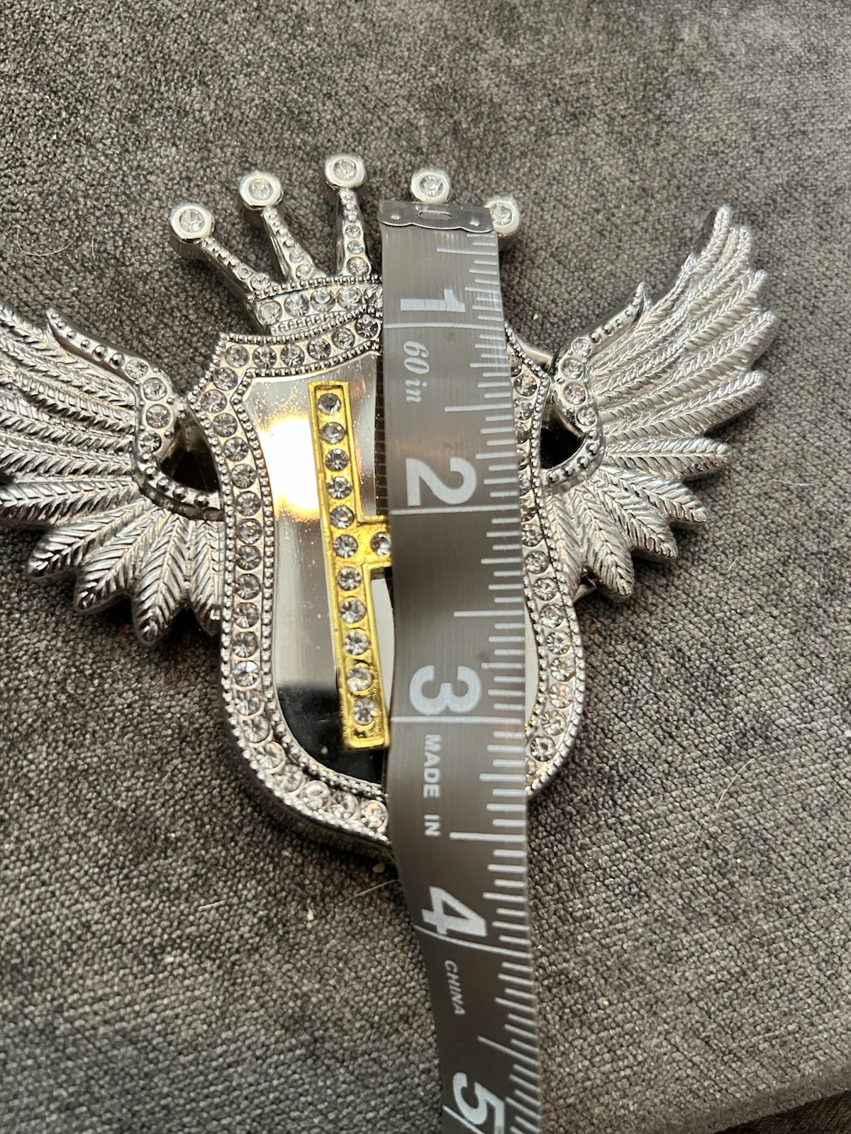 Winged Crown Initial H Rhinestone Belt Buckle, Silver/Gold, 1.5in