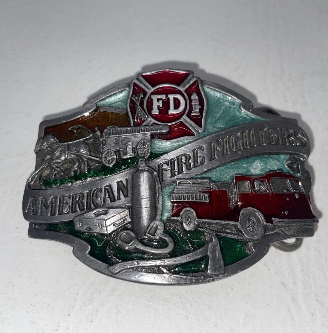 American Fire Fighter Belt Buckle SiskiYou 1988 Made in USA Fire Engine Pewter