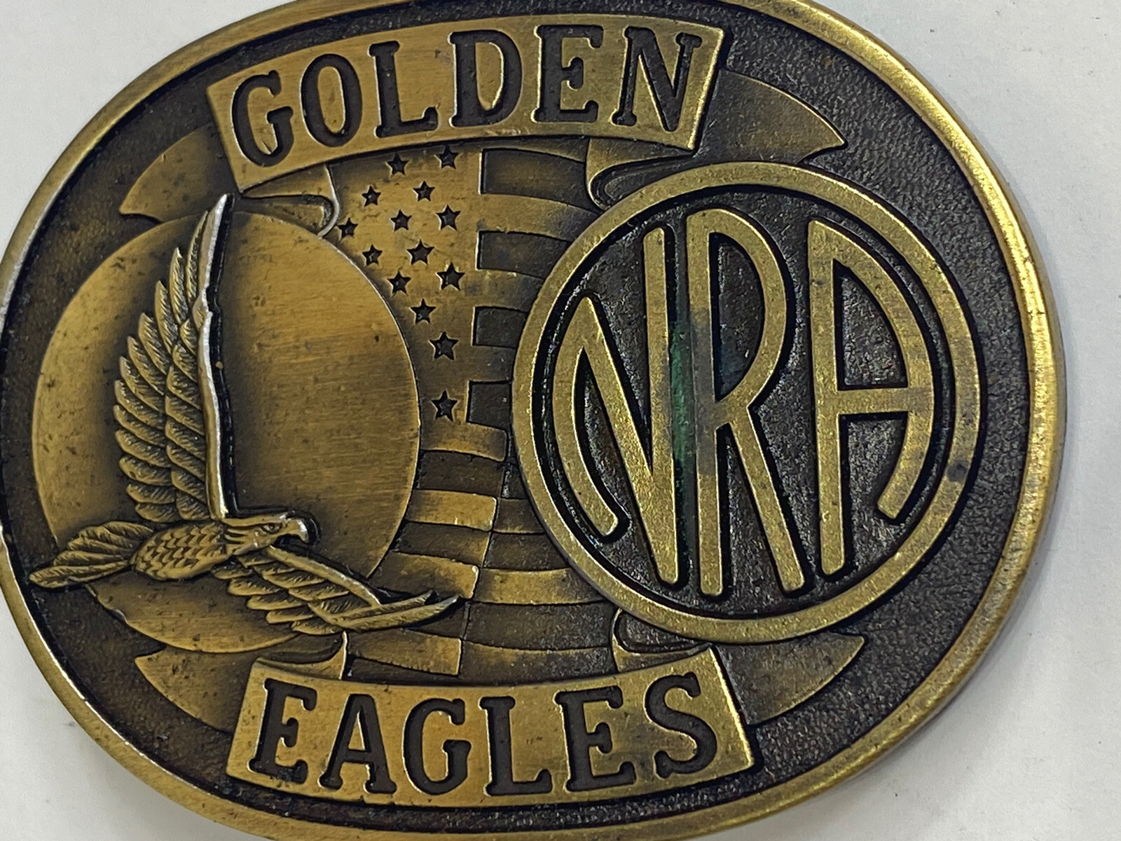 Vintage NRA GOLDEN EAGLES Belt Buckle Brass American Flag With Original Box
