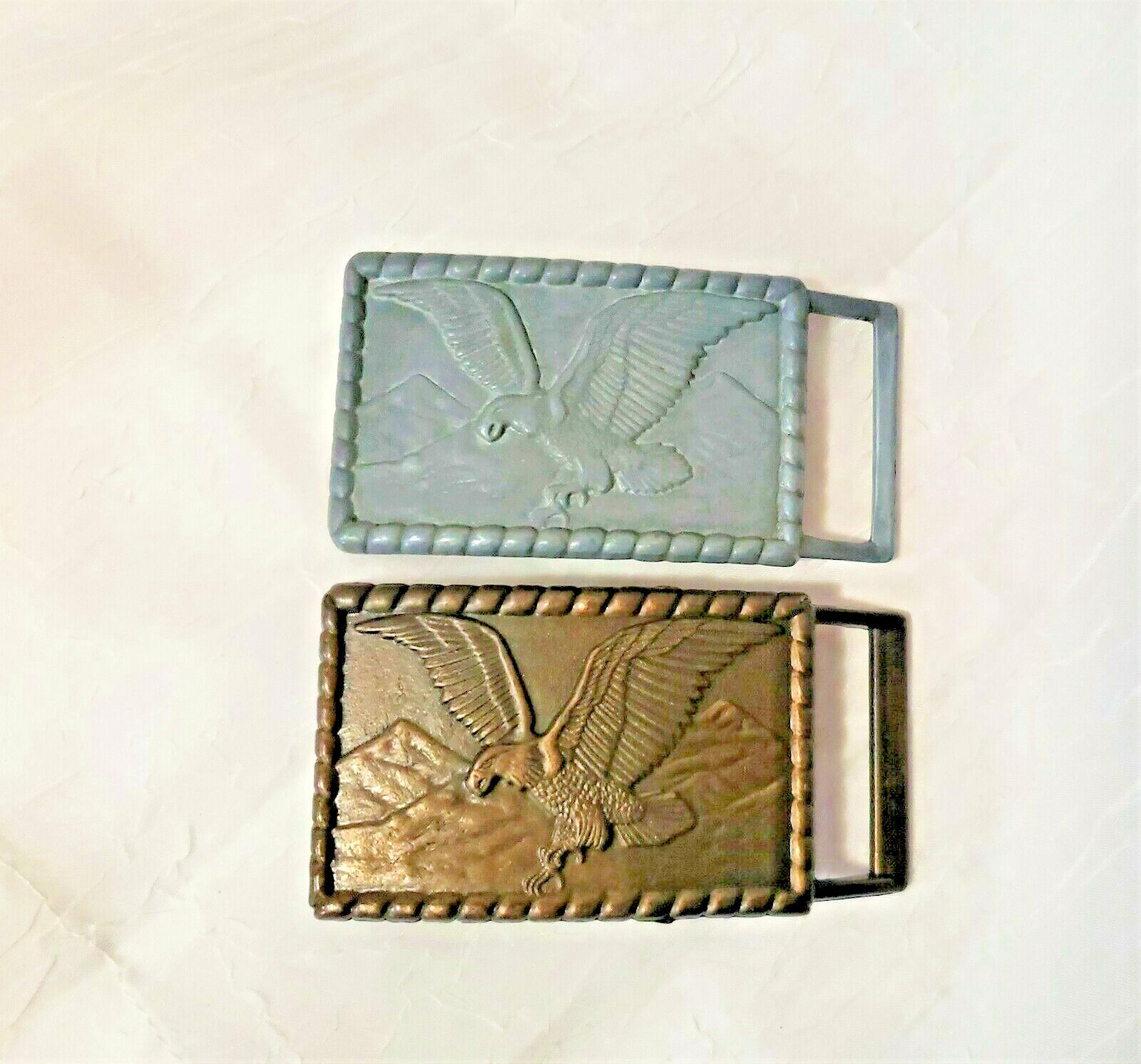 (2) American Eagle Wing Span, Mountains, Soaring, Flying, Primitive Belt Buckles