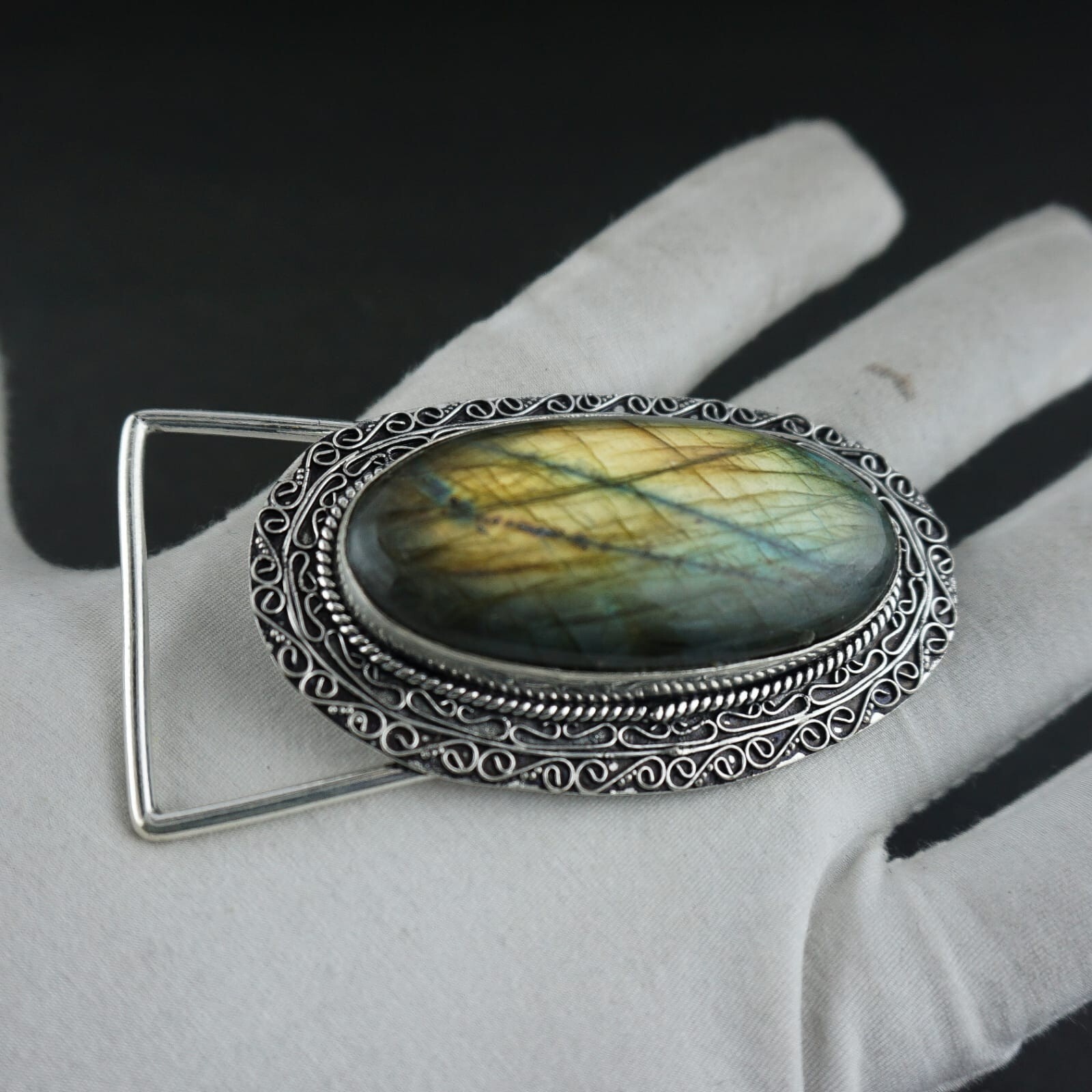 Natural Labradorite Gemstone Handmade 925 Sterling Silver Vintage Belt Buckle