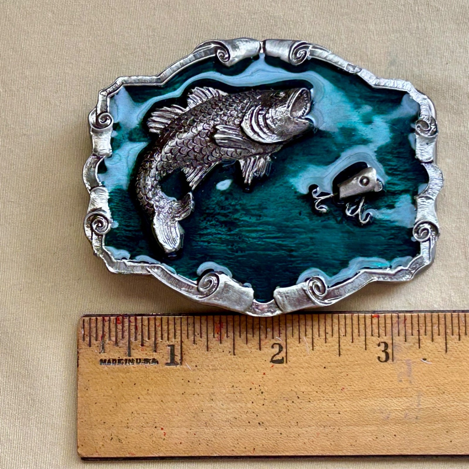 Fish Belt Buckle Green Enamel Metal Largemouth Bass and Lure 2007