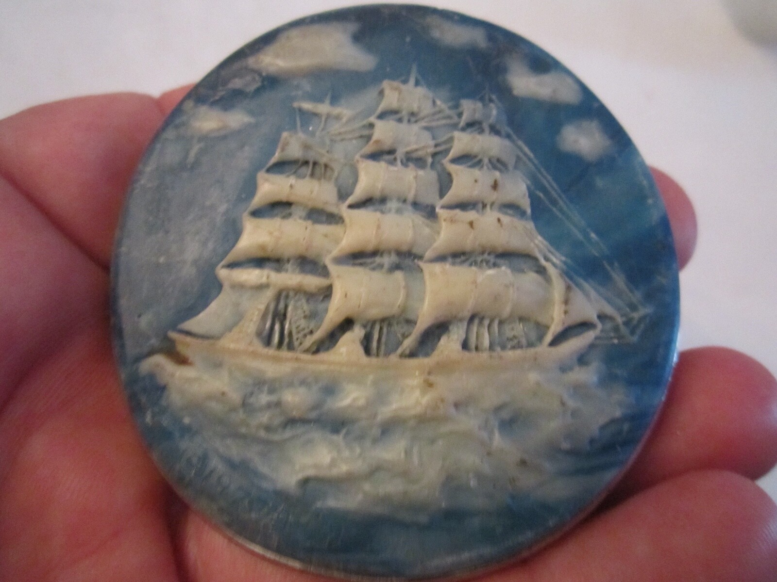 VINTAGE CARVED SOAP STONE? OLD SAILBOAT BELT BUCKLE – 3&Prime; X 3&Prime; – GW10