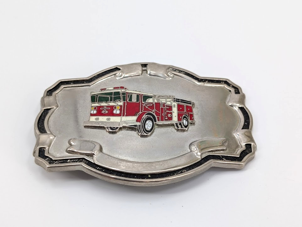VTG Fire Truck Belt Buckle Silver Tone Red White Enamel Firefighter Blank Scroll