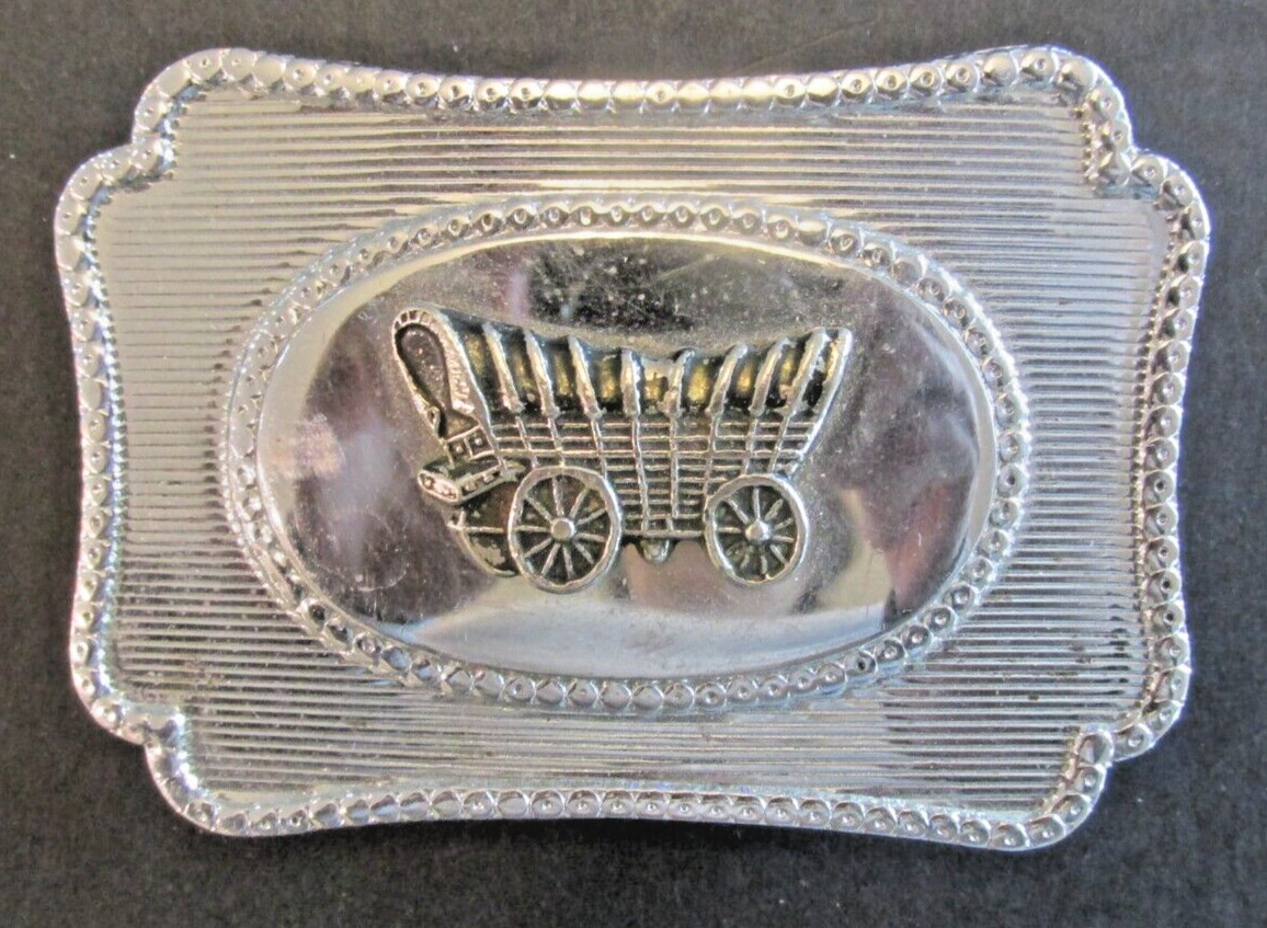 VTG Metal Wagon Belt Buckle Cowboy Western Silver Tone