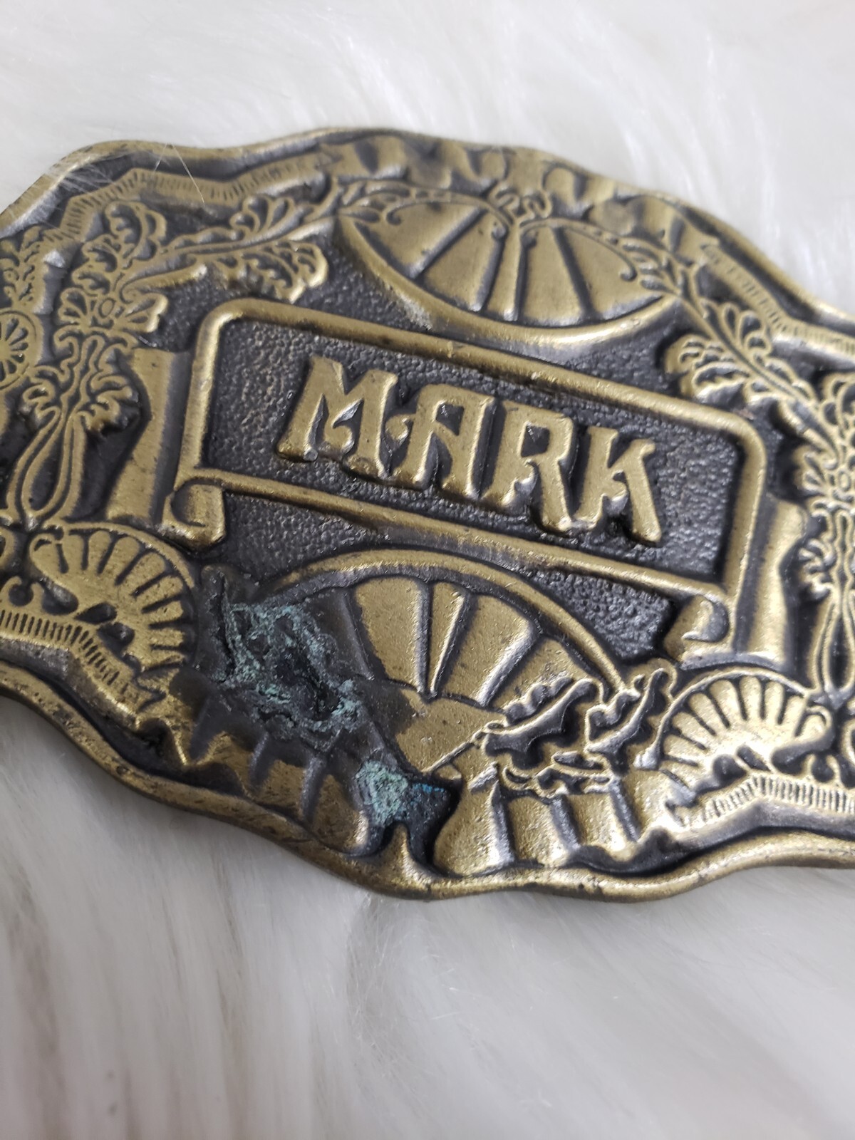 Vintage 1970s Belt Buckle Marked MIKE Oden Western Style Scalloped Edge Brass