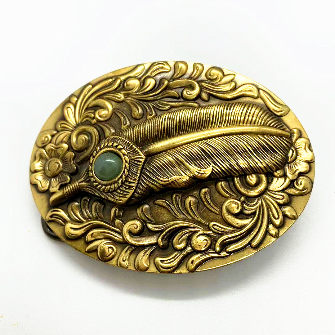 Feather & Jade Solid Brass Belt Buckle Western Cowboy Boucle Vintage Antique